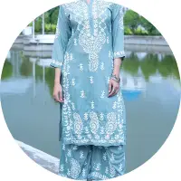 Elegant chikankari ensemble with embroidered kurta, matching dupatta, and palazzo